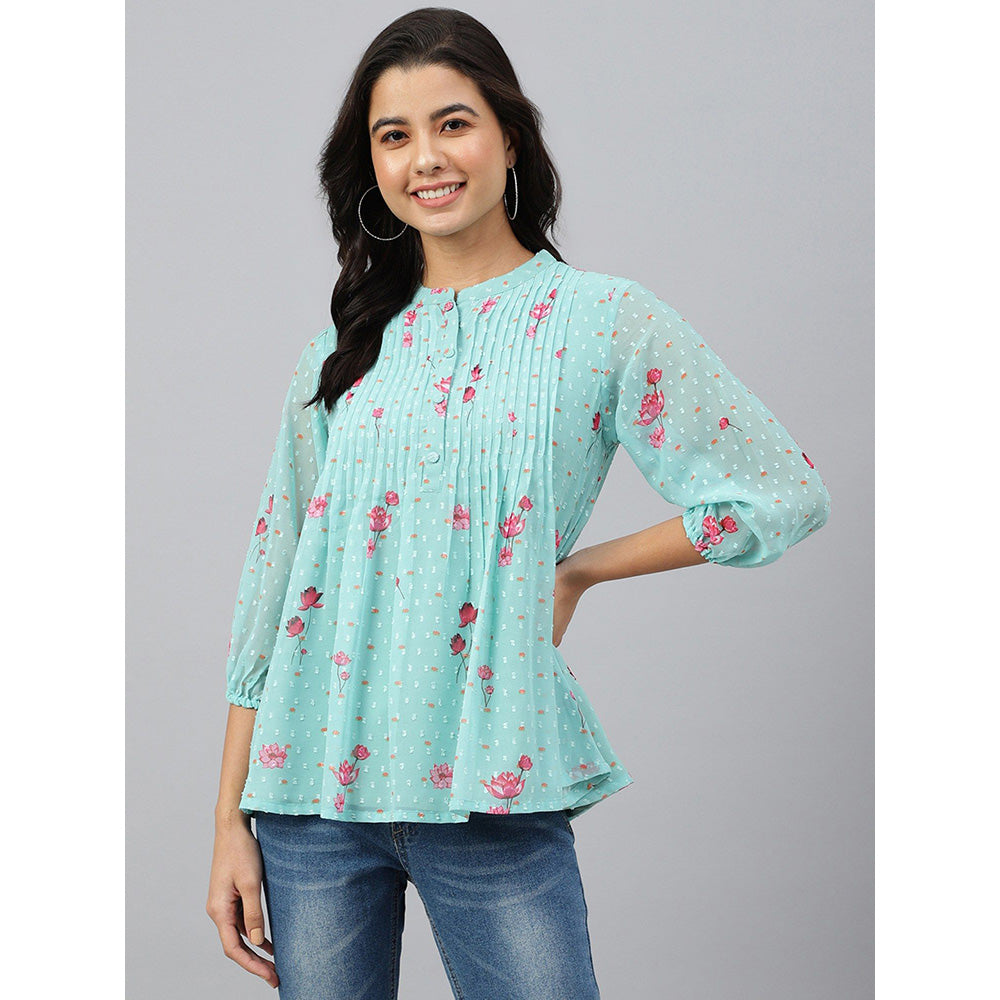 Janasya Sea Green Dobby Georgette Floral Print Flared Top