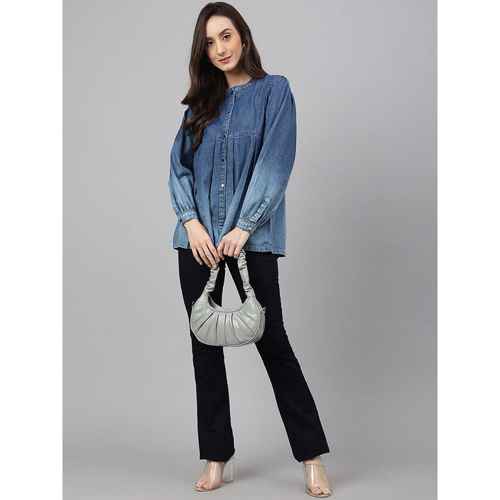 Janasya Blue Denim Faded Flared Top