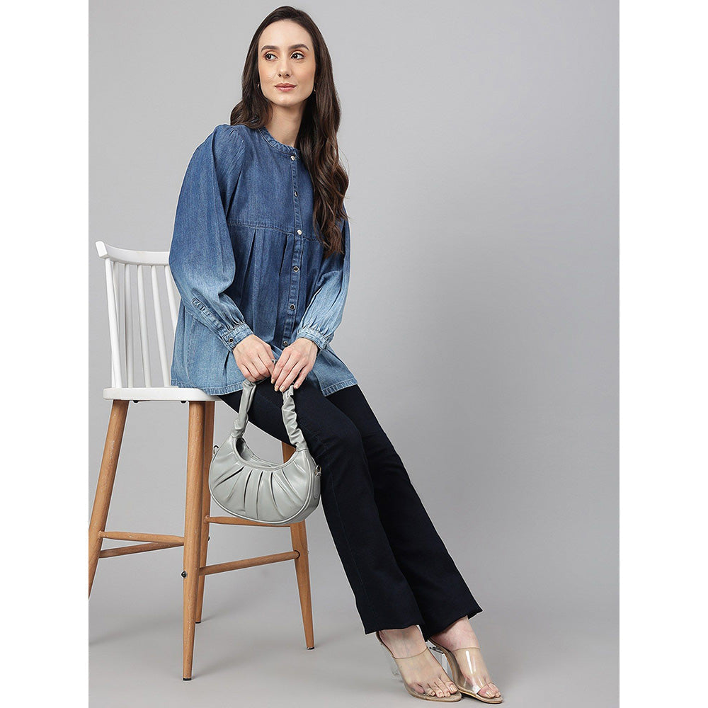 Janasya Blue Denim Faded Flared Top