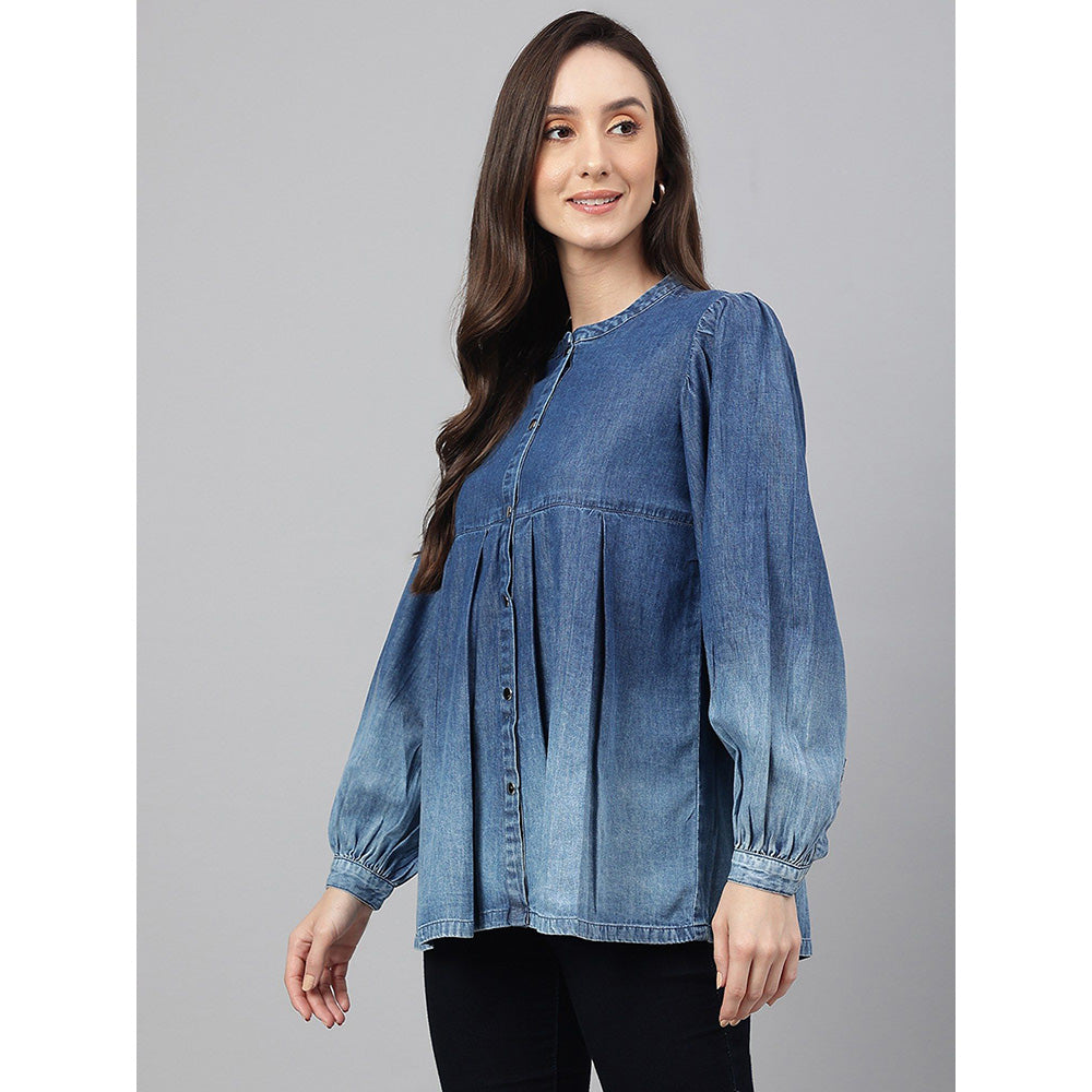 Janasya Blue Denim Faded Flared Top