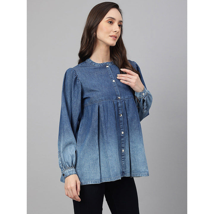 Janasya Blue Denim Faded Flared Top