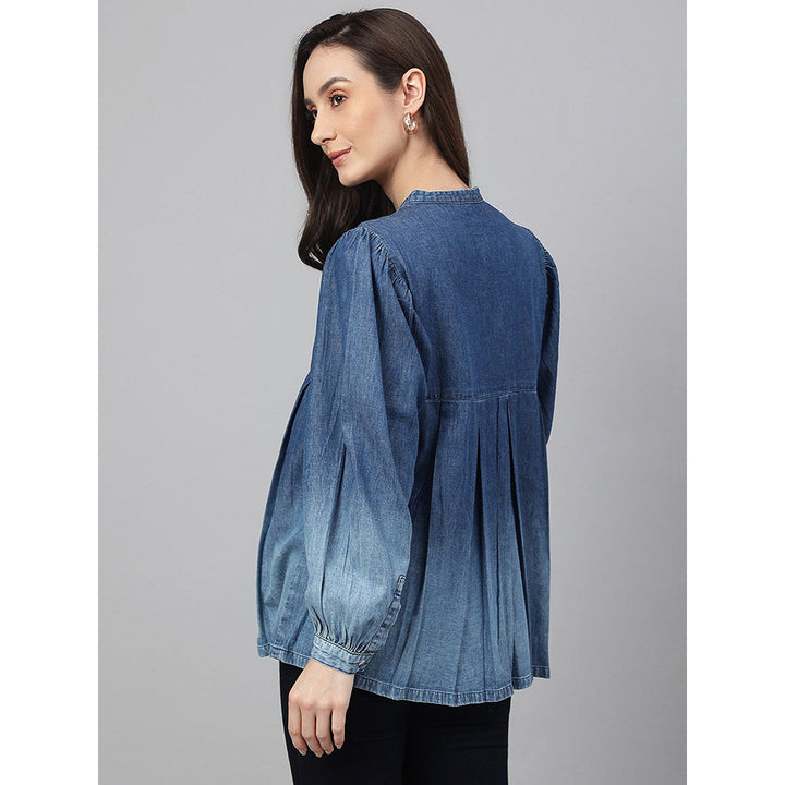 Janasya Blue Denim Faded Flared Top