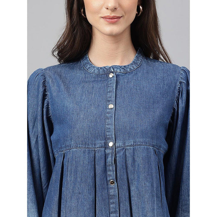 Janasya Blue Denim Faded Flared Top