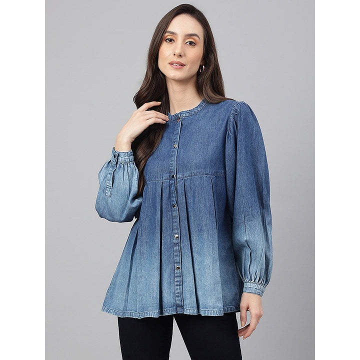 Janasya Blue Denim Faded Flared Top