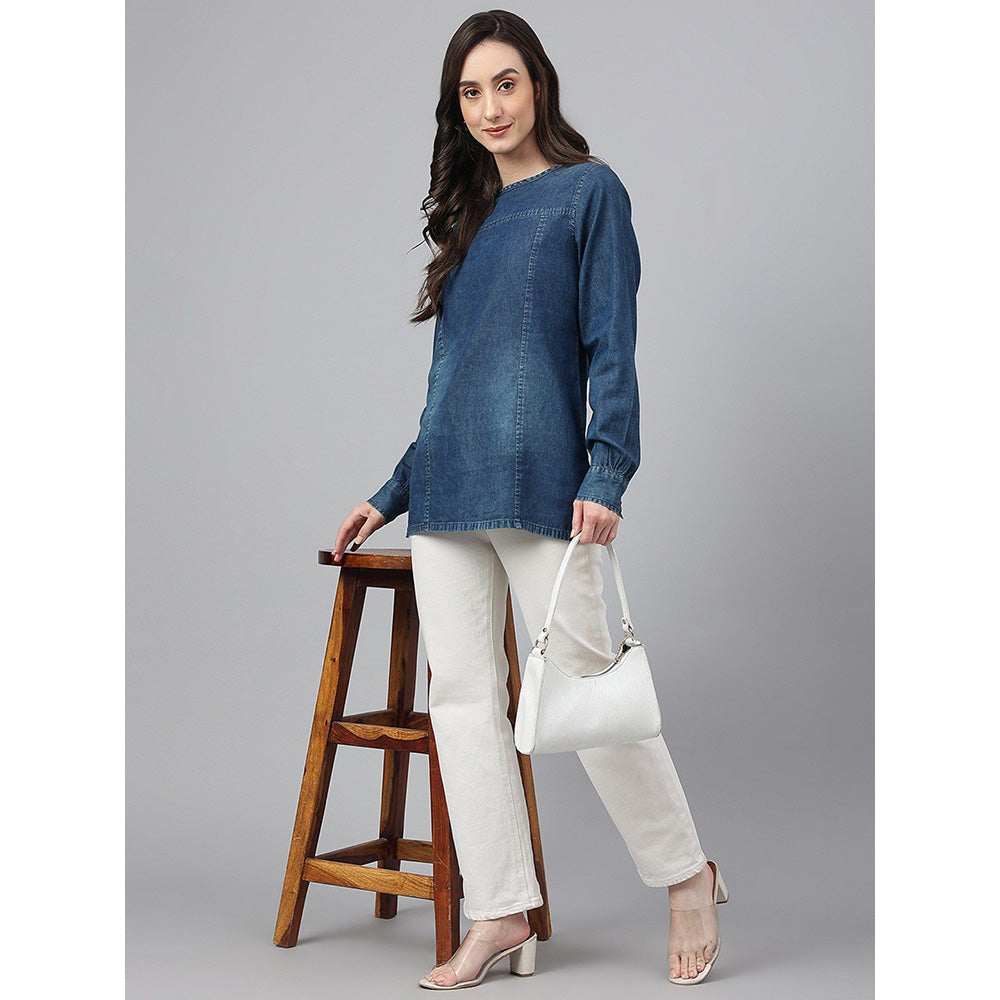 Janasya Dark Blue Denim Solid Regular Top