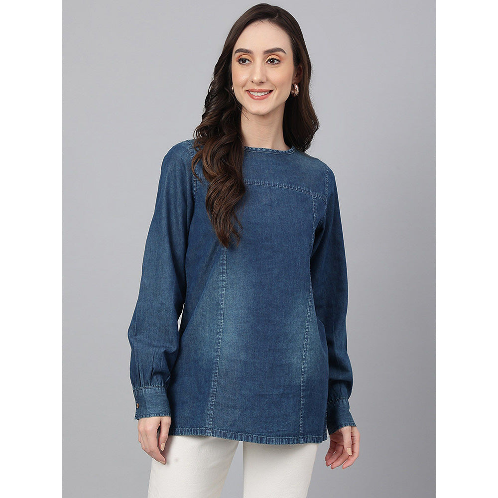 Janasya Dark Blue Denim Solid Regular Top