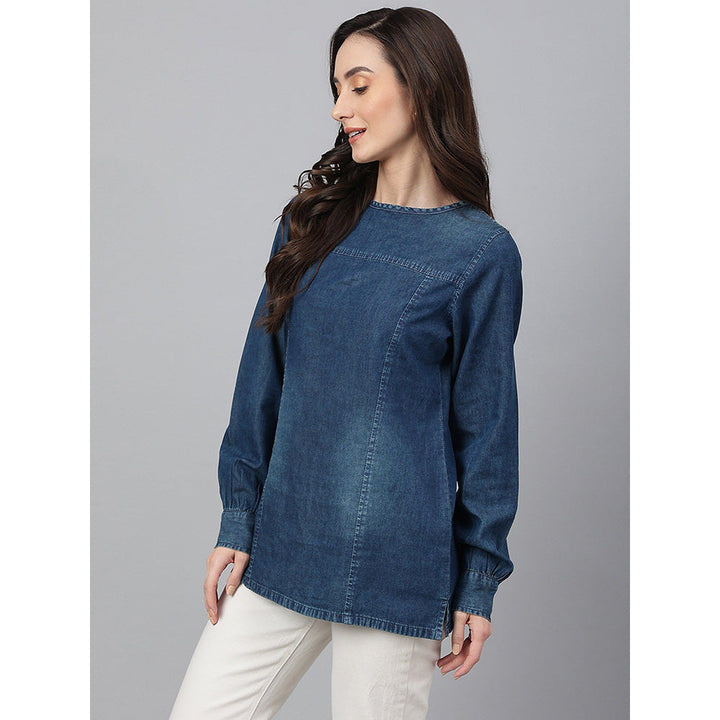 Janasya Dark Blue Denim Solid Regular Top