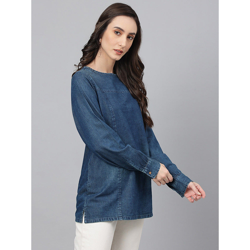 Janasya Dark Blue Denim Solid Regular Top