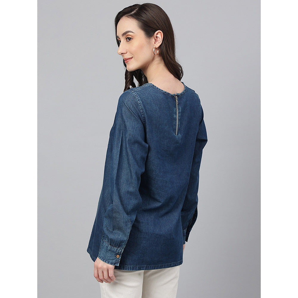 Janasya Dark Blue Denim Solid Regular Top