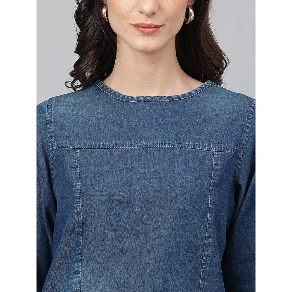 Janasya Dark Blue Denim Solid Regular Top