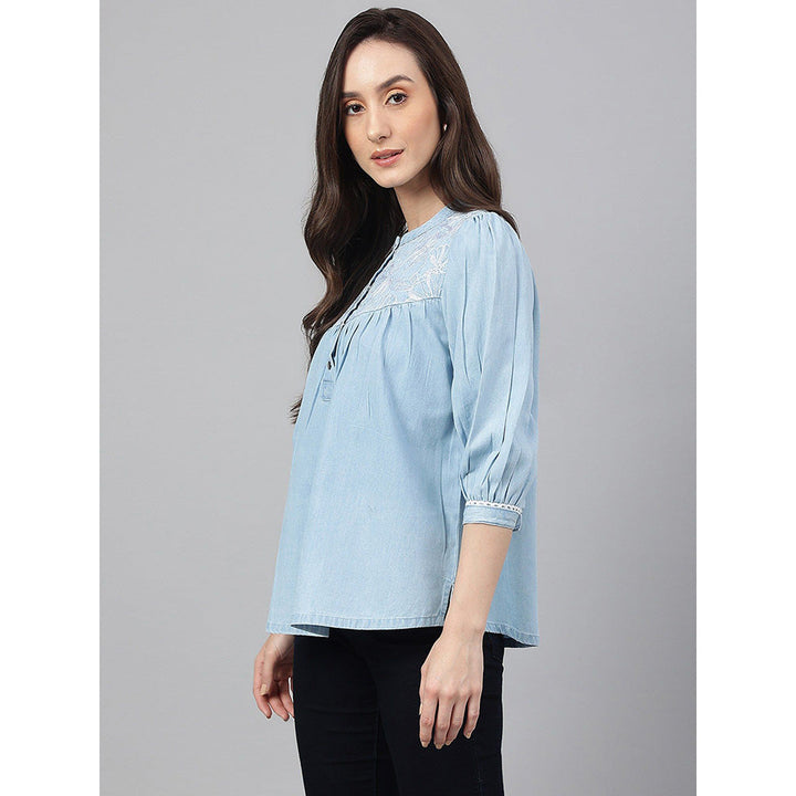 Janasya Light Blue Denim Embroidered Flared Top