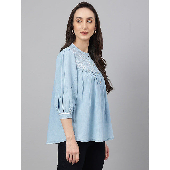 Janasya Light Blue Denim Embroidered Flared Top