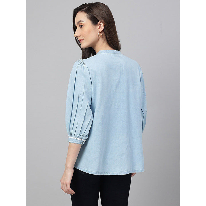 Janasya Light Blue Denim Embroidered Flared Top