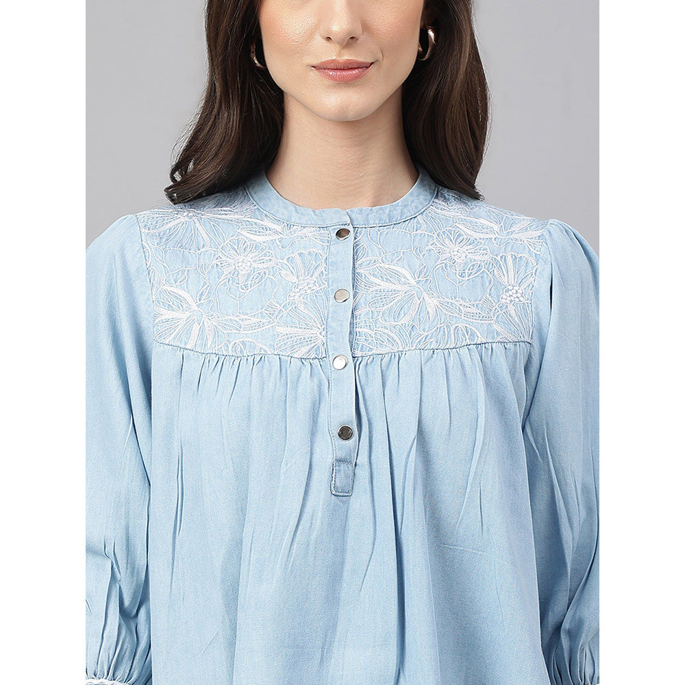 Janasya Light Blue Denim Embroidered Flared Top