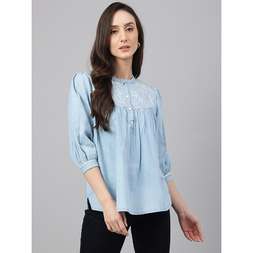 Janasya Light Blue Denim Embroidered Flared Top