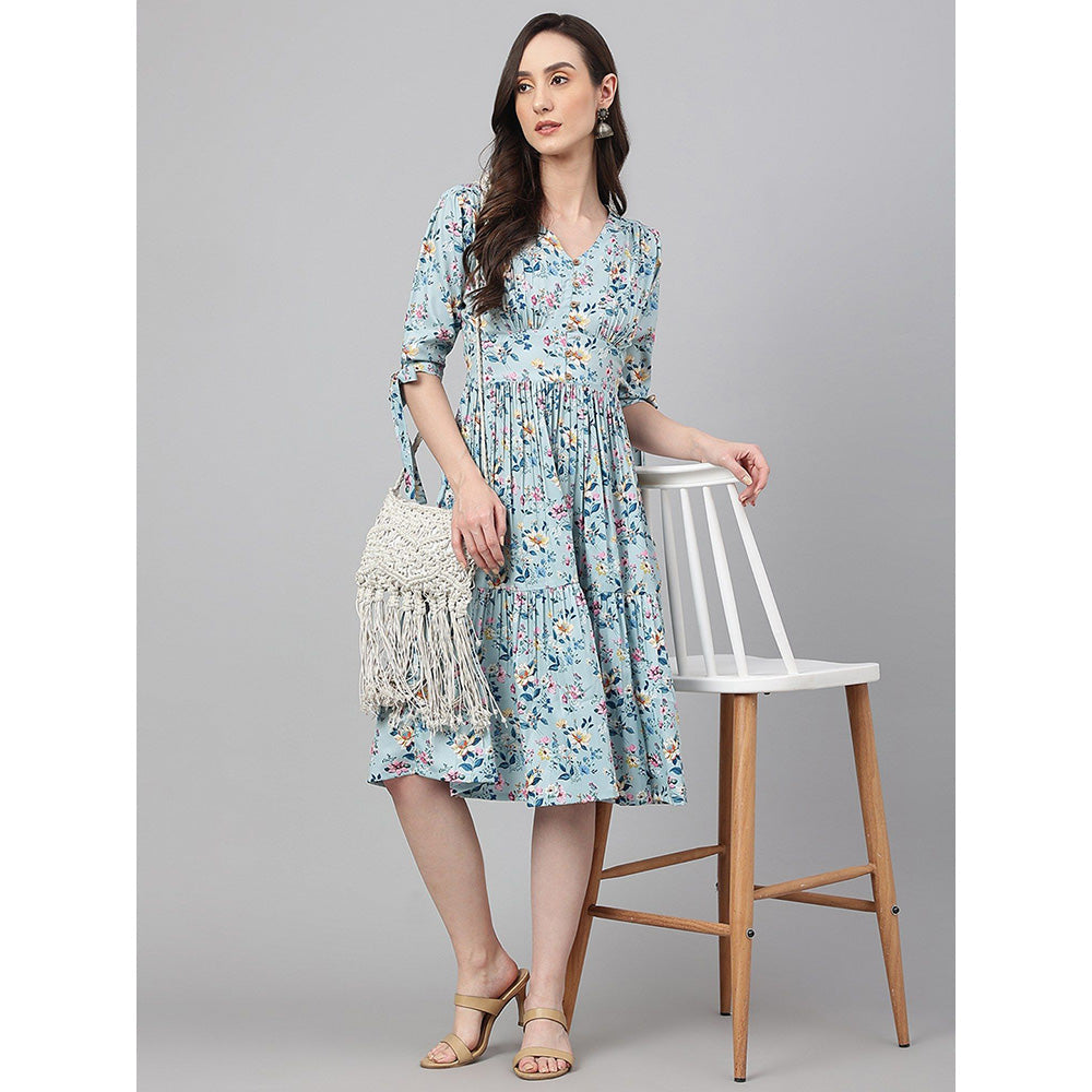 Janasya Blue Crepe Digit Print Flared Dress