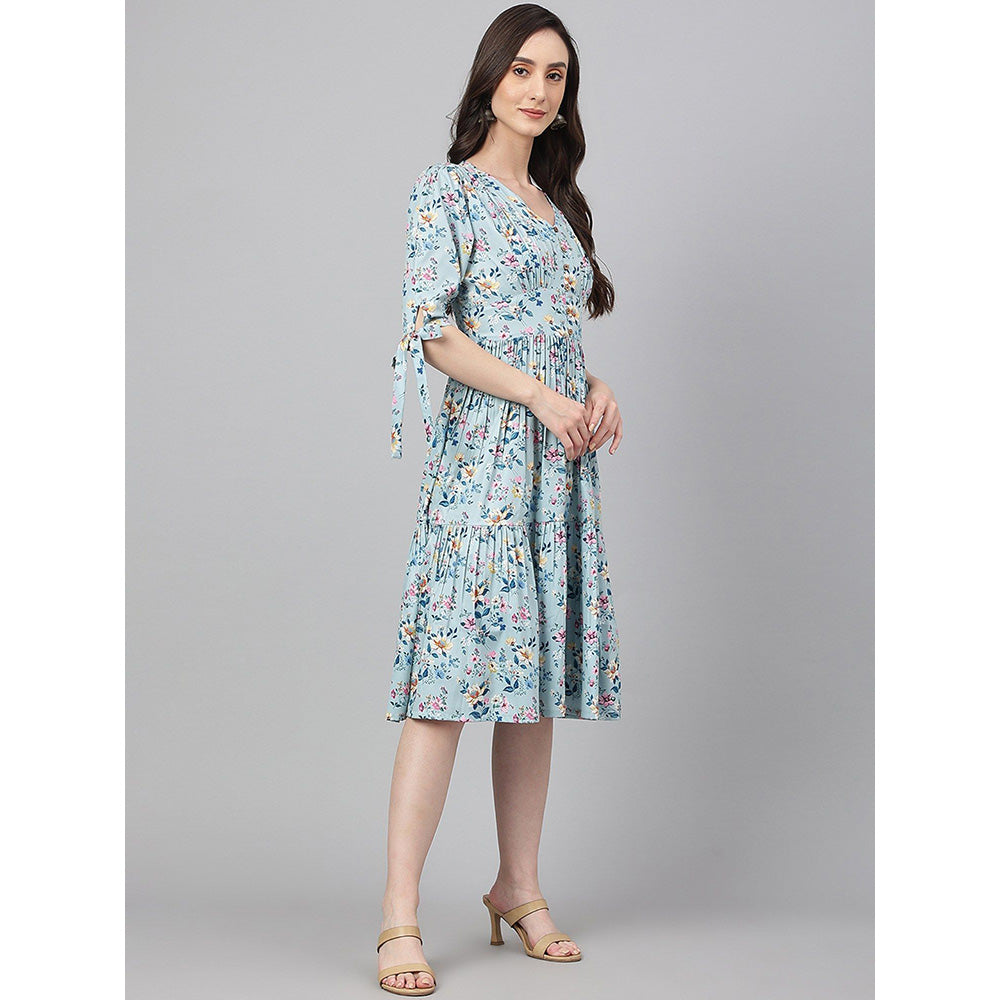 Janasya Blue Crepe Digit Print Flared Dress