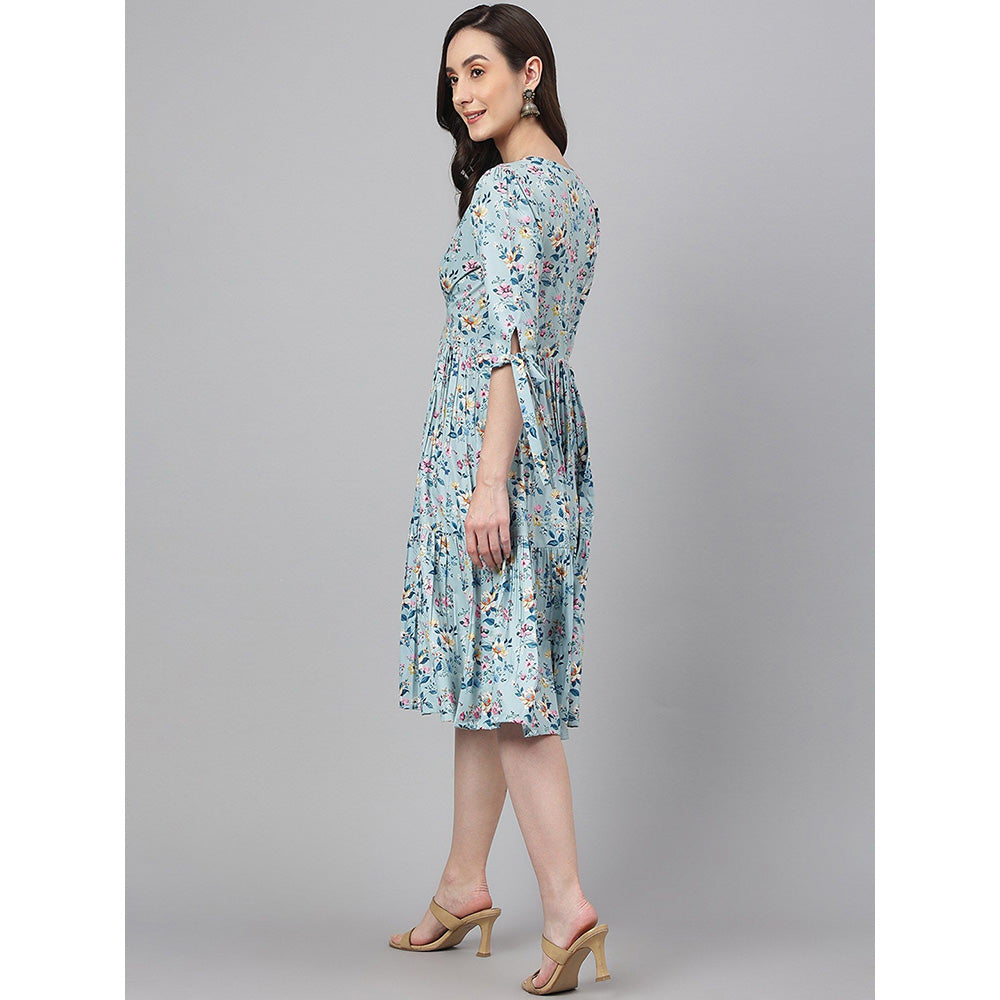 Janasya Blue Crepe Digit Print Flared Dress