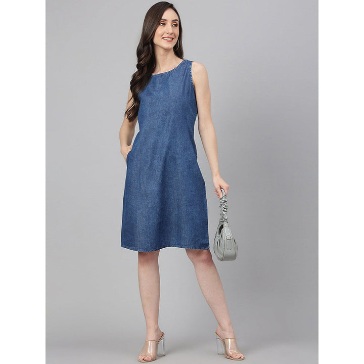 Janasya Blue Denim Solid Straight Dress