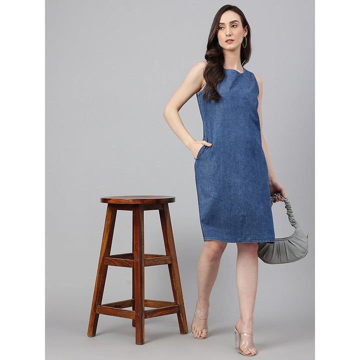 Janasya Blue Denim Solid Straight Dress