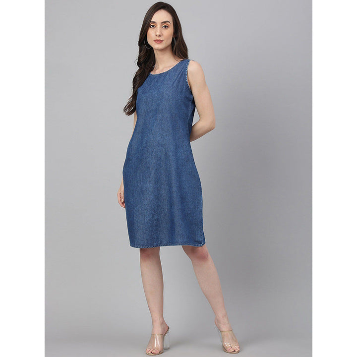 Janasya Blue Denim Solid Straight Dress