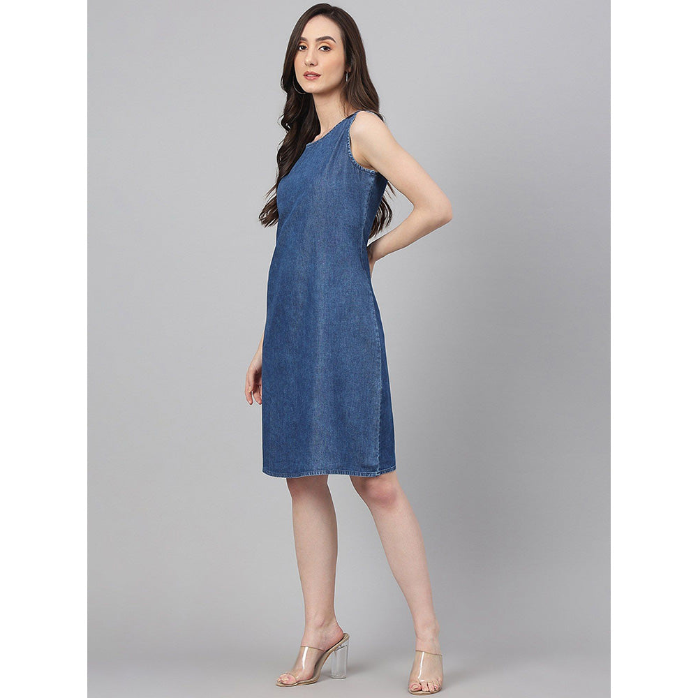 Janasya Blue Denim Solid Straight Dress