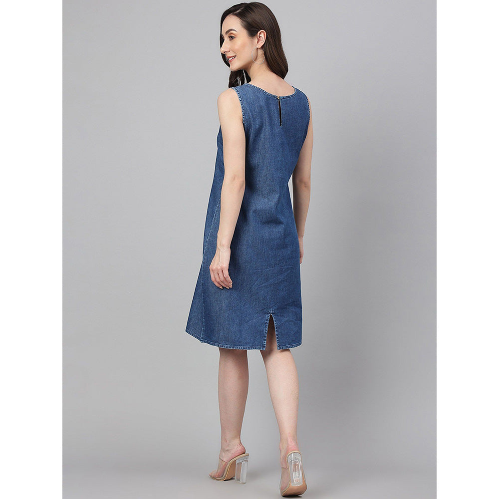 Janasya Blue Denim Solid Straight Dress