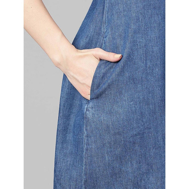 Janasya Blue Denim Solid Straight Dress