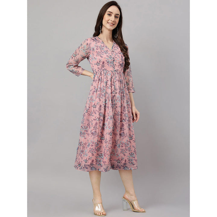 Janasya Pink Chiffon Lurex Floral Printed Flared Kurta