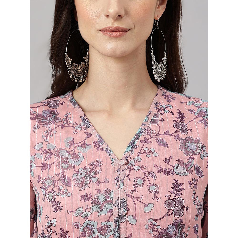 Janasya Pink Chiffon Lurex Floral Printed Flared Kurta