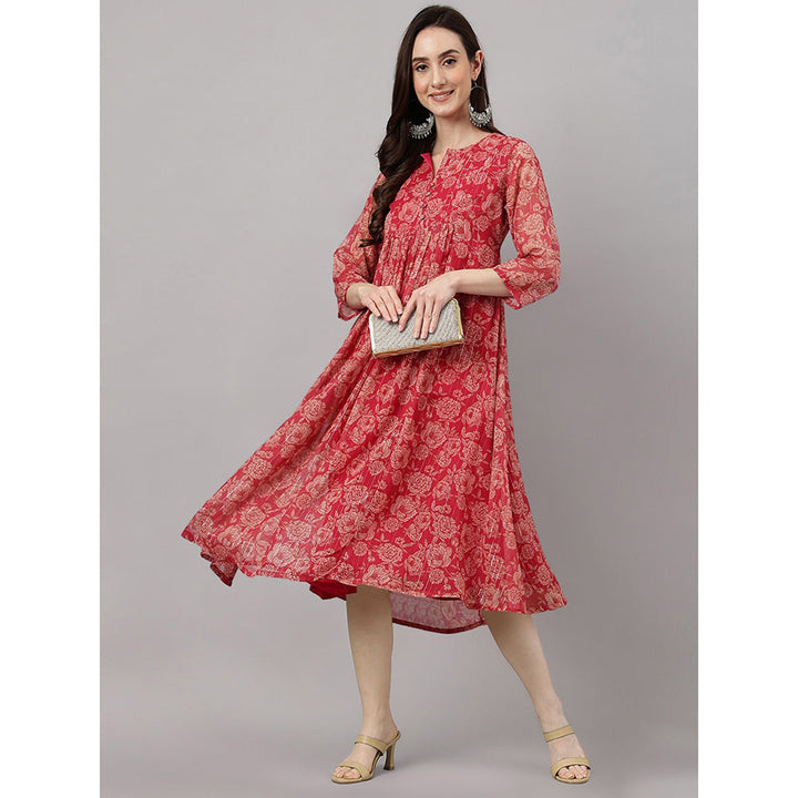 Janasya Dark Pink Chiffon Lurex Floral Printed flared Kurta