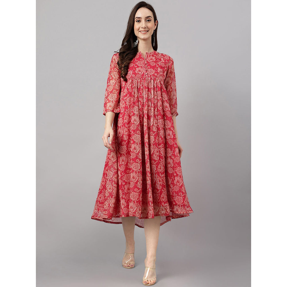 Janasya Dark Pink Chiffon Lurex Floral Printed flared Kurta