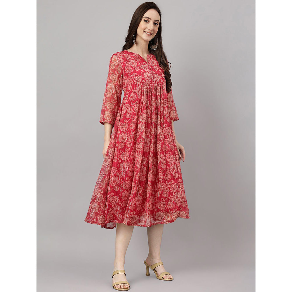 Janasya Dark Pink Chiffon Lurex Floral Printed flared Kurta