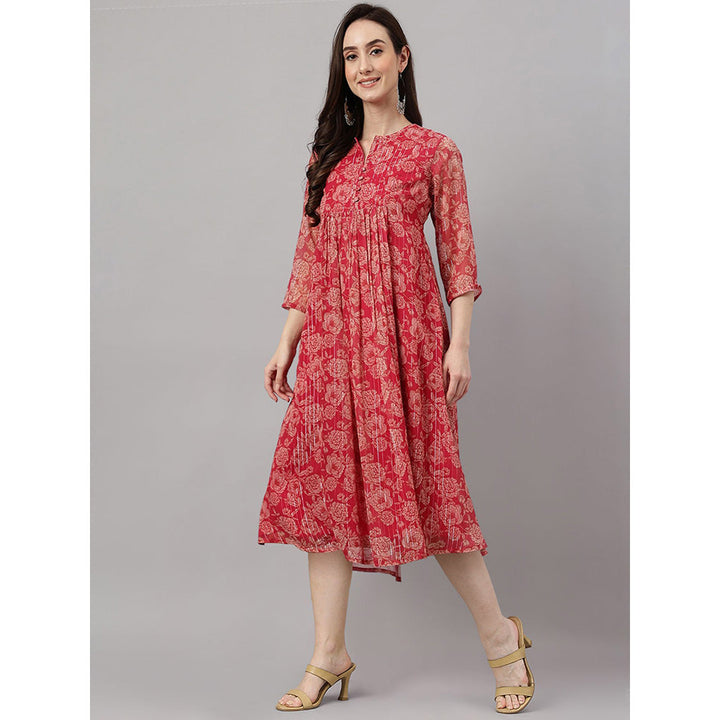 Janasya Dark Pink Chiffon Lurex Floral Printed flared Kurta