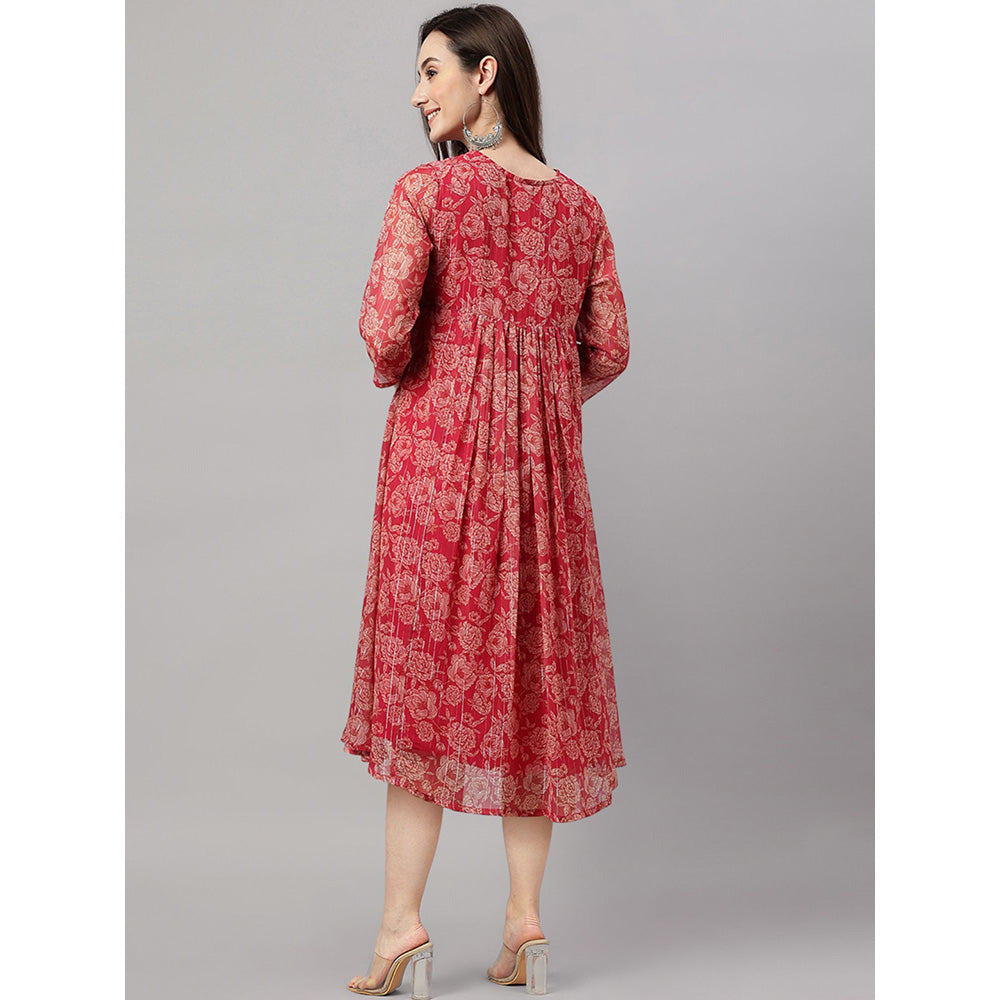 Janasya Dark Pink Chiffon Lurex Floral Printed flared Kurta