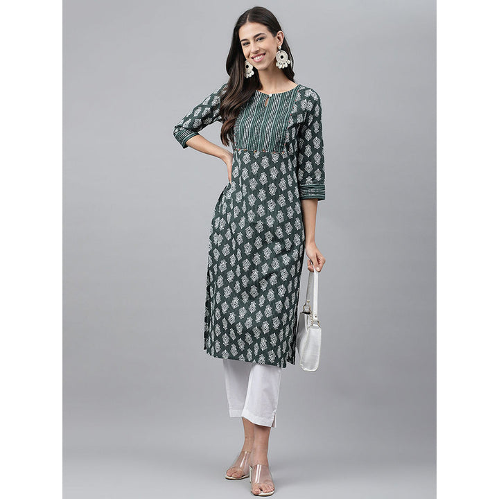 Janasya Dark Green Cotton Ethnic Motifs Print Straight Kurta