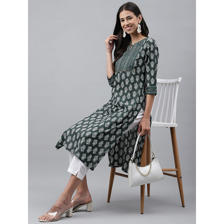 Janasya Dark Green Cotton Ethnic Motifs Print Straight Kurta