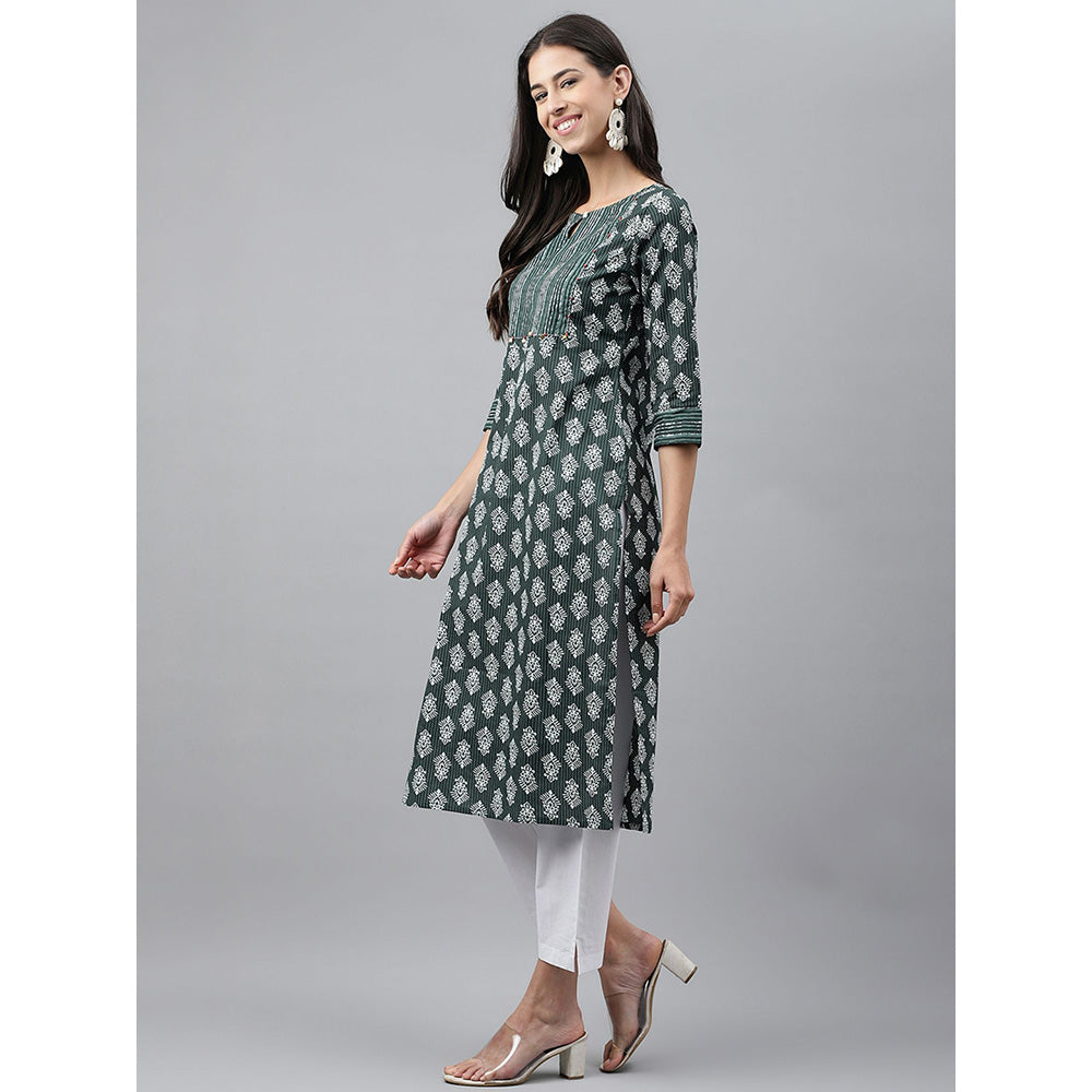 Janasya Dark Green Cotton Ethnic Motifs Print Straight Kurta