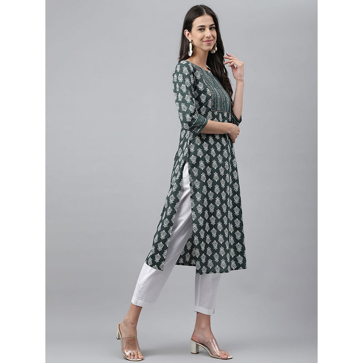 Janasya Dark Green Cotton Ethnic Motifs Print Straight Kurta