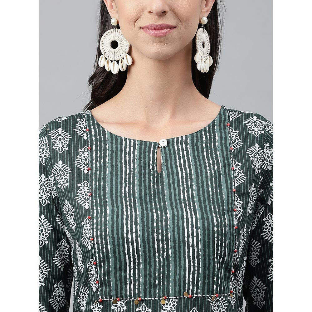 Janasya Dark Green Cotton Ethnic Motifs Print Straight Kurta