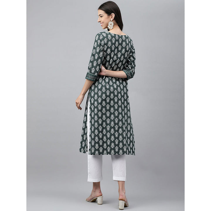 Janasya Dark Green Cotton Ethnic Motifs Print Straight Kurta