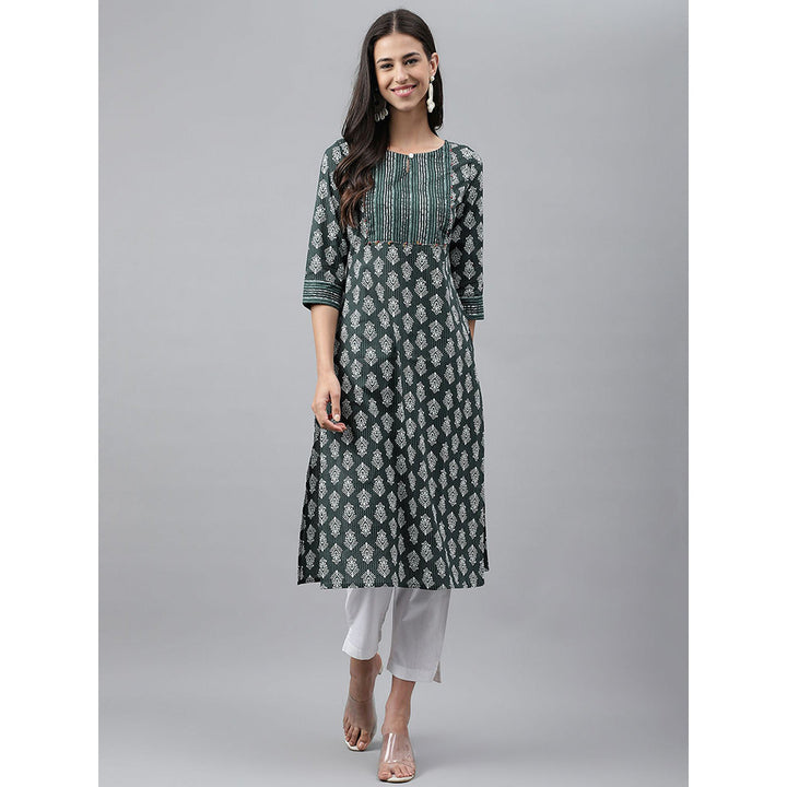 Janasya Dark Green Cotton Ethnic Motifs Print Straight Kurta