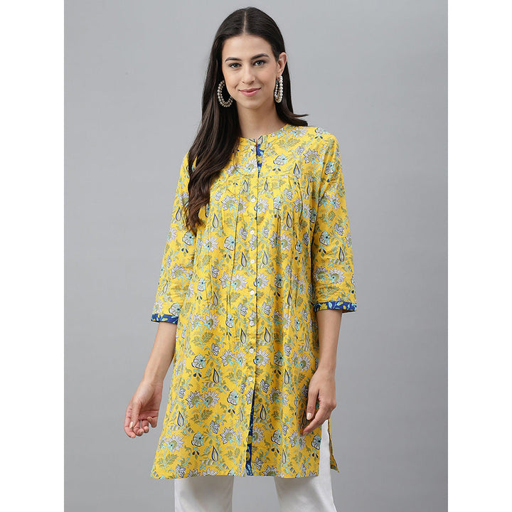 Janasya Yellow Cotton Floral Print Empire Tunic