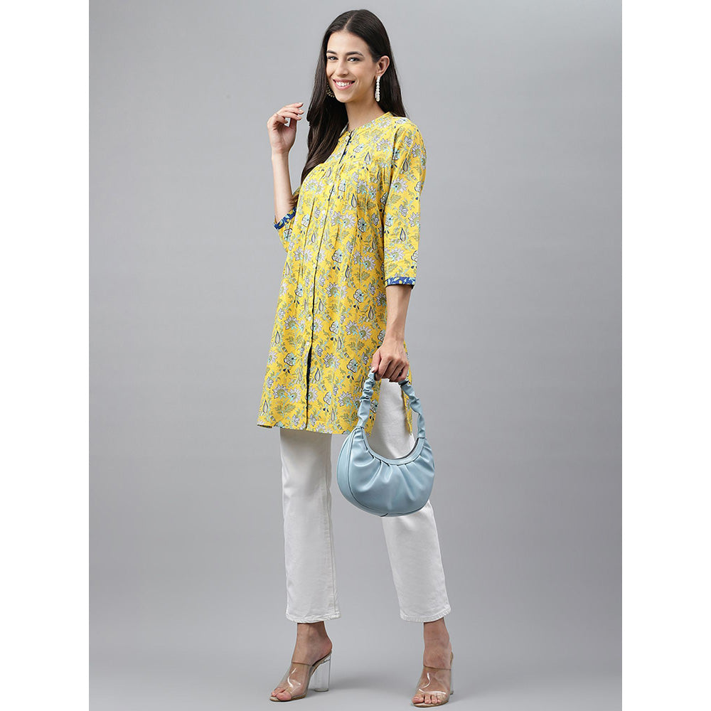 Janasya Yellow Cotton Floral Print Empire Tunic