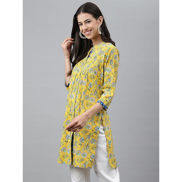 Janasya Yellow Cotton Floral Print Empire Tunic