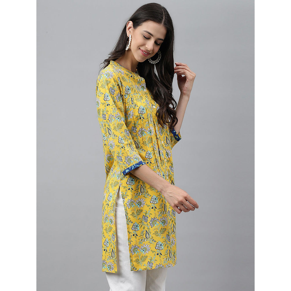 Janasya Yellow Cotton Floral Print Empire Tunic