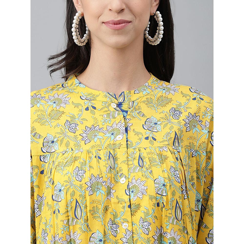 Janasya Yellow Cotton Floral Print Empire Tunic