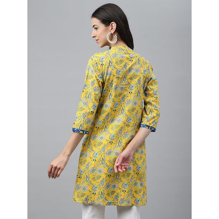 Janasya Yellow Cotton Floral Print Empire Tunic