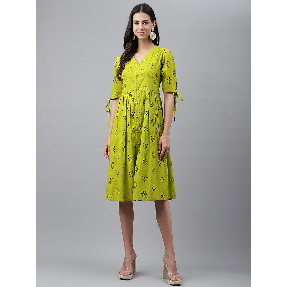 Janasya Womens Lime Green Cotton Schiffli Flared Western Dress