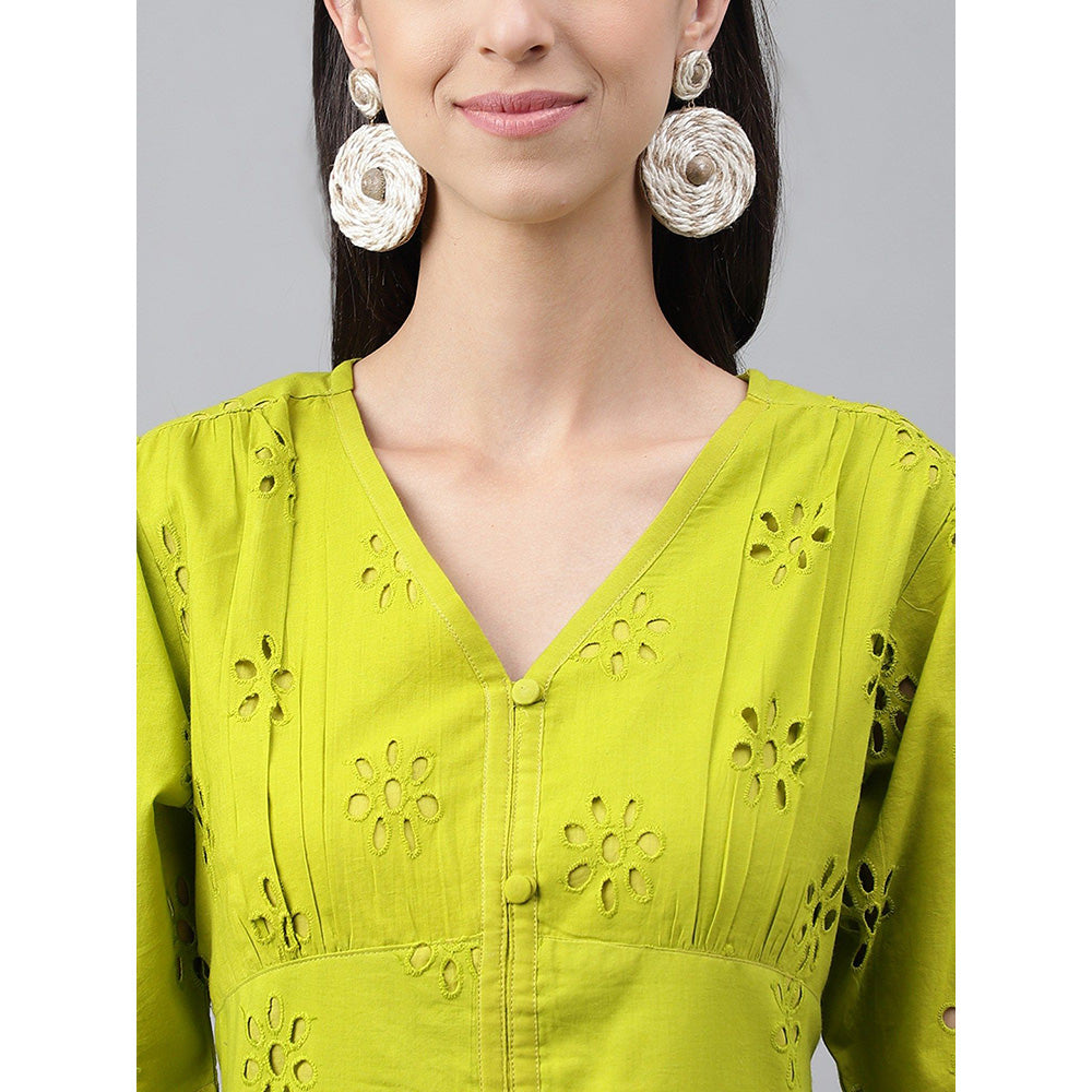 Janasya Womens Lime Green Cotton Schiffli Flared Western Dress
